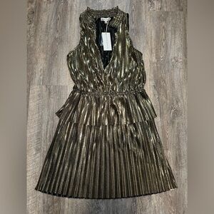 Moon River Metallic Gold Pleated Midi Dress